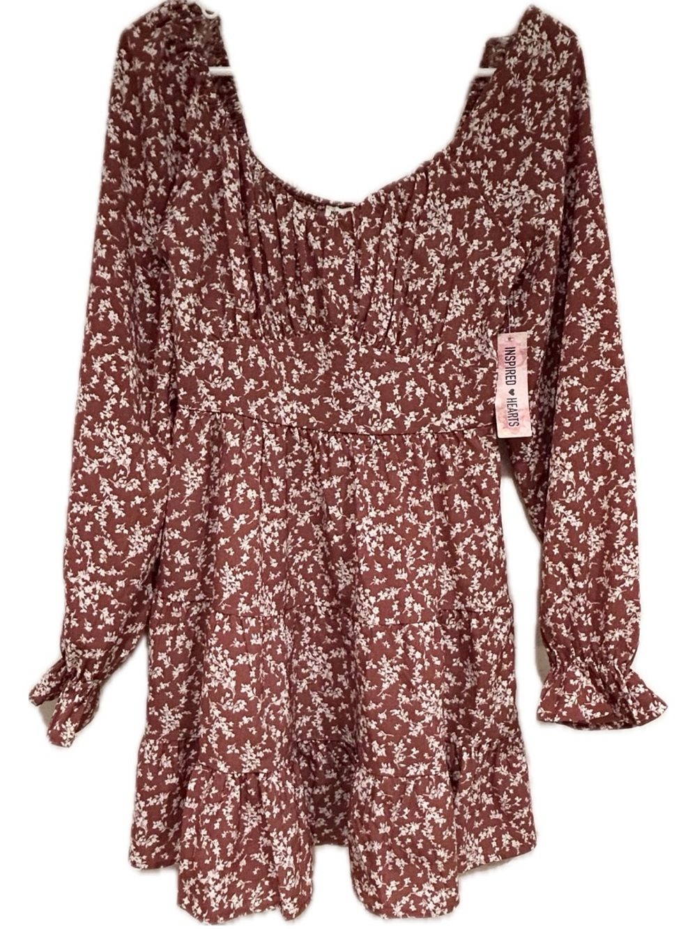 Mini Rust Floral Long-Sleeve Dress w/ fitted bodice